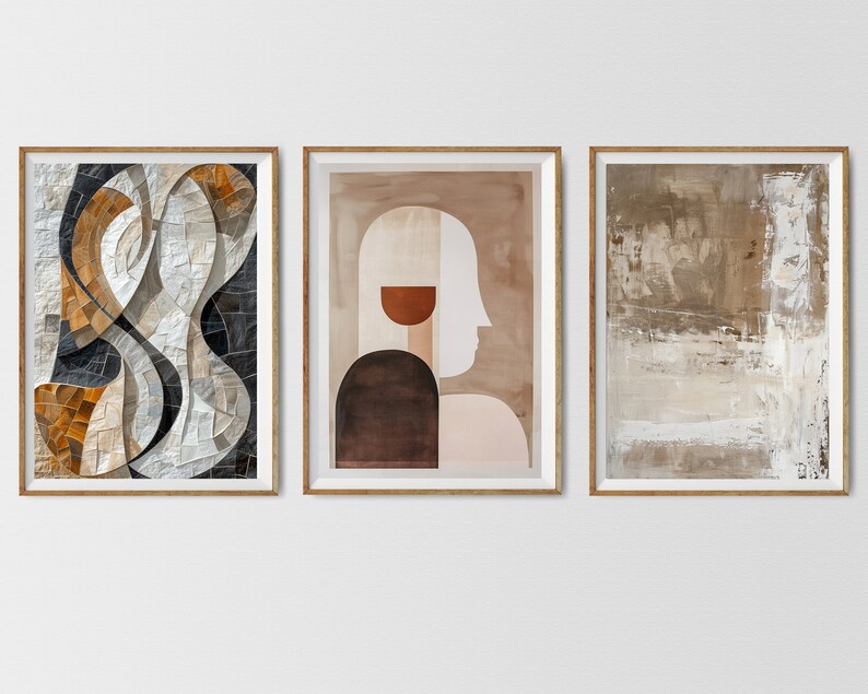 May include: Three framed abstract art prints with geometric shapes and muted colors. The prints feature a mosaic pattern, a profile of a person, and a textured background.