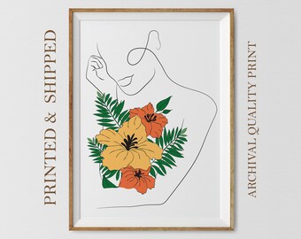 Boho Woman Line Art Print: Feminine Floral Wall Decor