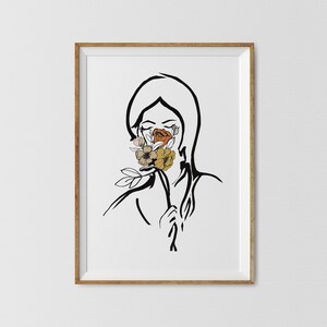 Minimale Frau One Line Zeichnung Druck, abstrakte Frau Kunst, Blumenkopf Poster, Schlafzimmer Kunst, Frau Wand Kunst Skizze, Frau Gesicht Blätter Line Art