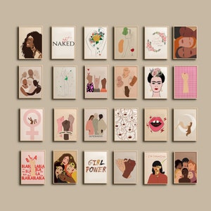 Conjunto de 24 impresiones de FEMINISMO, set de pared de galería feminista, kit de collage bohemio con 24 impresiones de Girl Power, póster de empoderamiento femenino, arte de mujeres poderosas