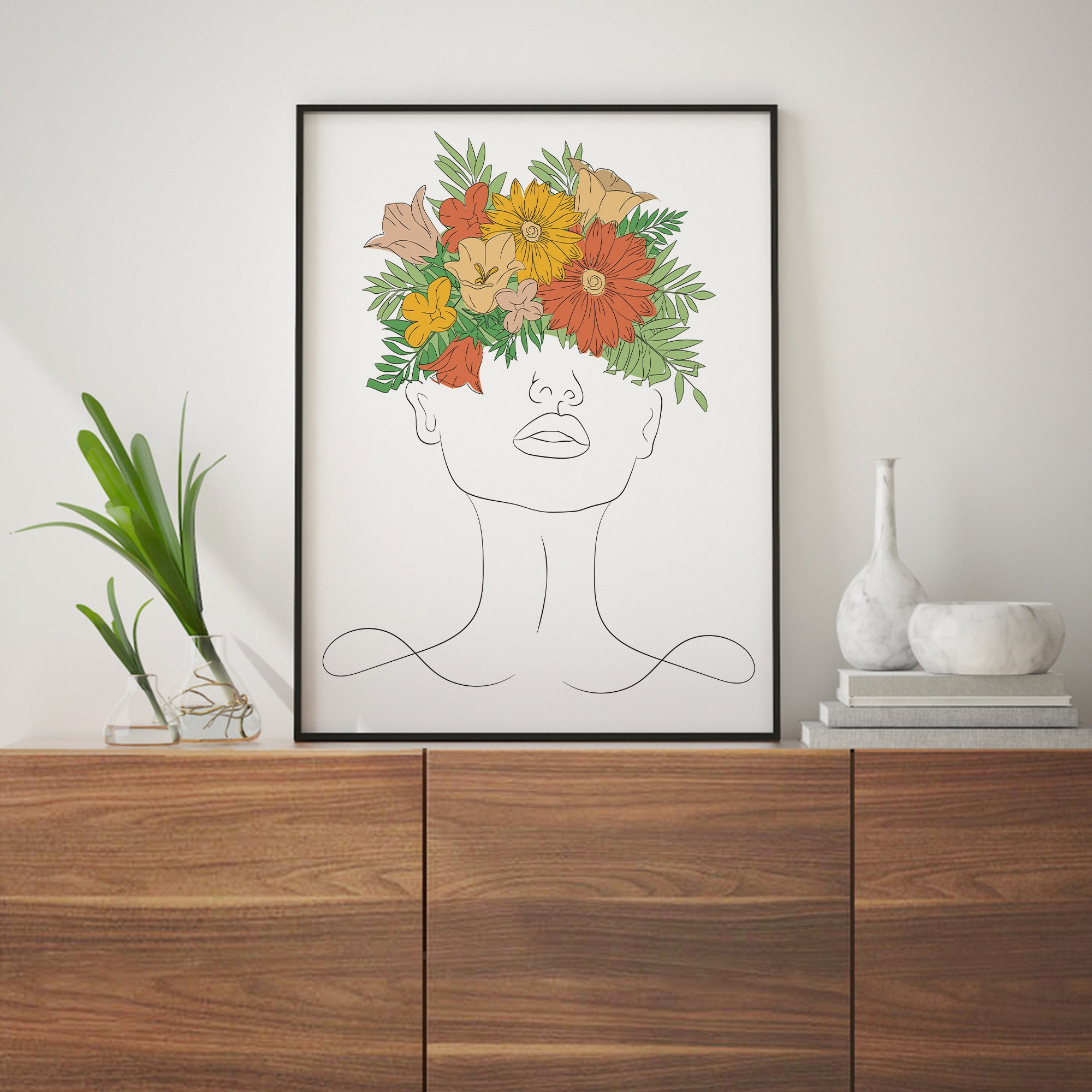 Flower Face Woman Printable Line Art Minimal Abstract Boho | Etsy