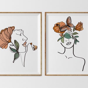 Woman Face Line Drawing Set of 2, Female with Butterfly Print, Living Room Printable, Female Flower Head Wall Art Set, One Line Drawing Art