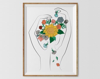 Female Figure Line Art Print: Flower Head Woman Back (Digital Download)