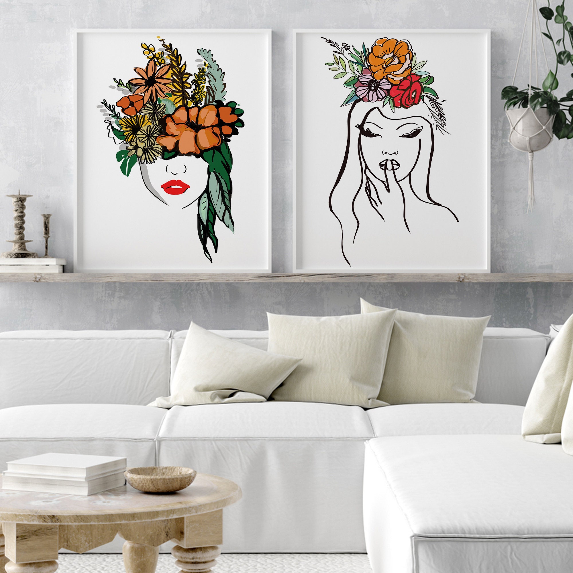 Floral Woman Line Art Print Set: Modern Minimalist Decor (digital ...