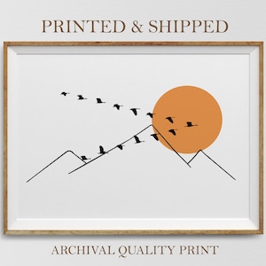 Mountains Line Drawing Print, Scandinavian Sun Poster, Minimalist Wall Art, One Line Art Poster, Mountainscape Art Print, Minimal Mountain
