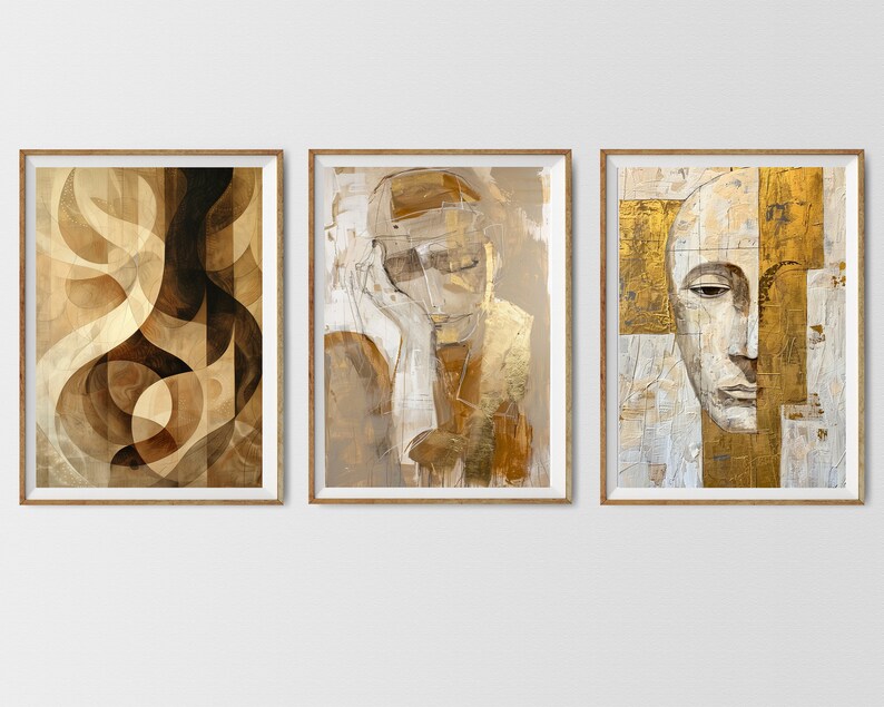 May include: Three framed abstract art prints with gold and brown tones. The first print features geometric shapes, the second print features a portrait of a person with a hat, and the third print features a portrait of a person with a gold background.