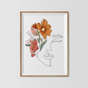 Dessin abstrait femme en un trait, affiche de femme dessin minimaliste, tête de fleurs à imprimer, impression femme avec tête de fleur, impression salon