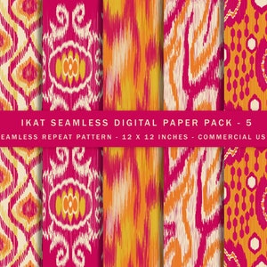 Può includere: Un pacchetto di carta digitale con cinque motivi ikat senza cuciture in tonalità di rosa, arancio e giallo. Ogni motivo misura 30,48 cm per 30,48 cm e può essere utilizzato per scopi commerciali.