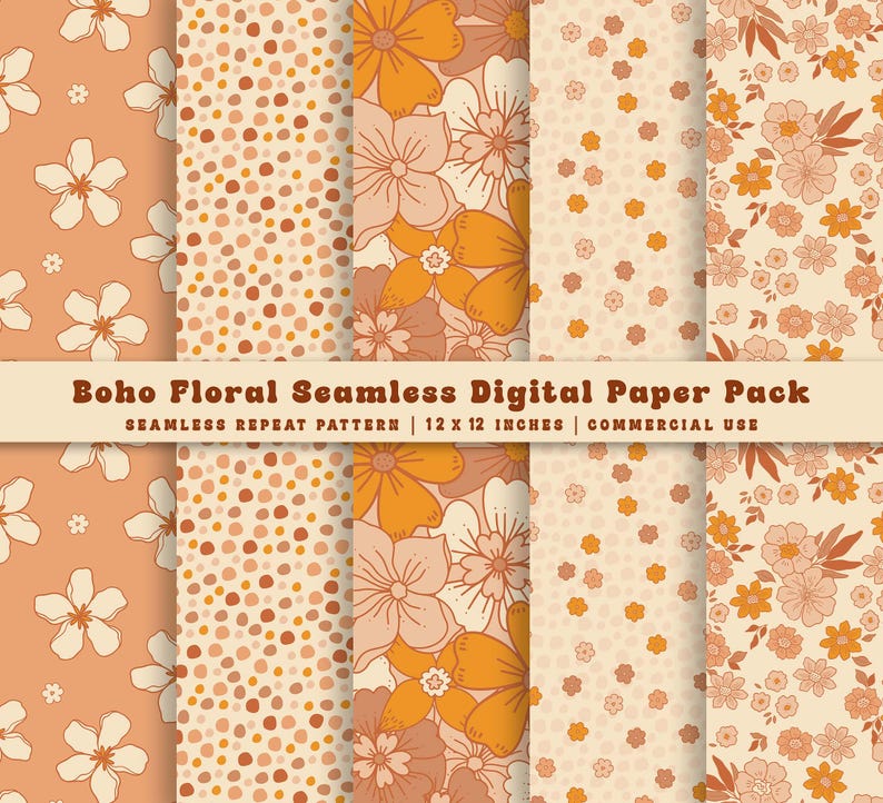 Foral Paper Pattern Retro Groovy Floral Digital Paper Pack, Seamless 70s Fabric Pattern (10 ...
