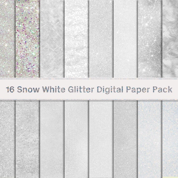 16 WHITE GLITTER Digital Paper Pack, Glitter Texture Background, Instant Download, printable scrapbook Paper, white Christmas, silver, snow