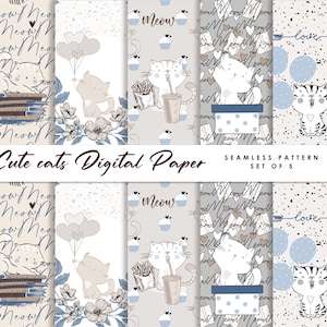 5 Cute Cat Digital Paper Pack, Kitty Digital Paper, Hand Drawn Cat CraftPaper, Kawaii Cat Pattern, Kittens commercial use, kitties scrapbook