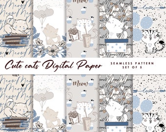 May include: A set of five digital paper designs featuring cute cats in various poses. The designs include a cat reading a book, a cat with balloons, a cat eating fries and drinking a soda, a cat in a box, and a cat with an arrow that says "love". The designs are in a light blue, gray, and white color scheme.
