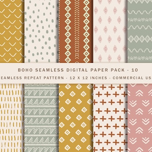 10 Boho Seamless Digital Paper Pack, Boho Scrapbook Paper, Boho Backgrounds, Commercial Use Paper, Boho Patterns, Boho Digital Printable