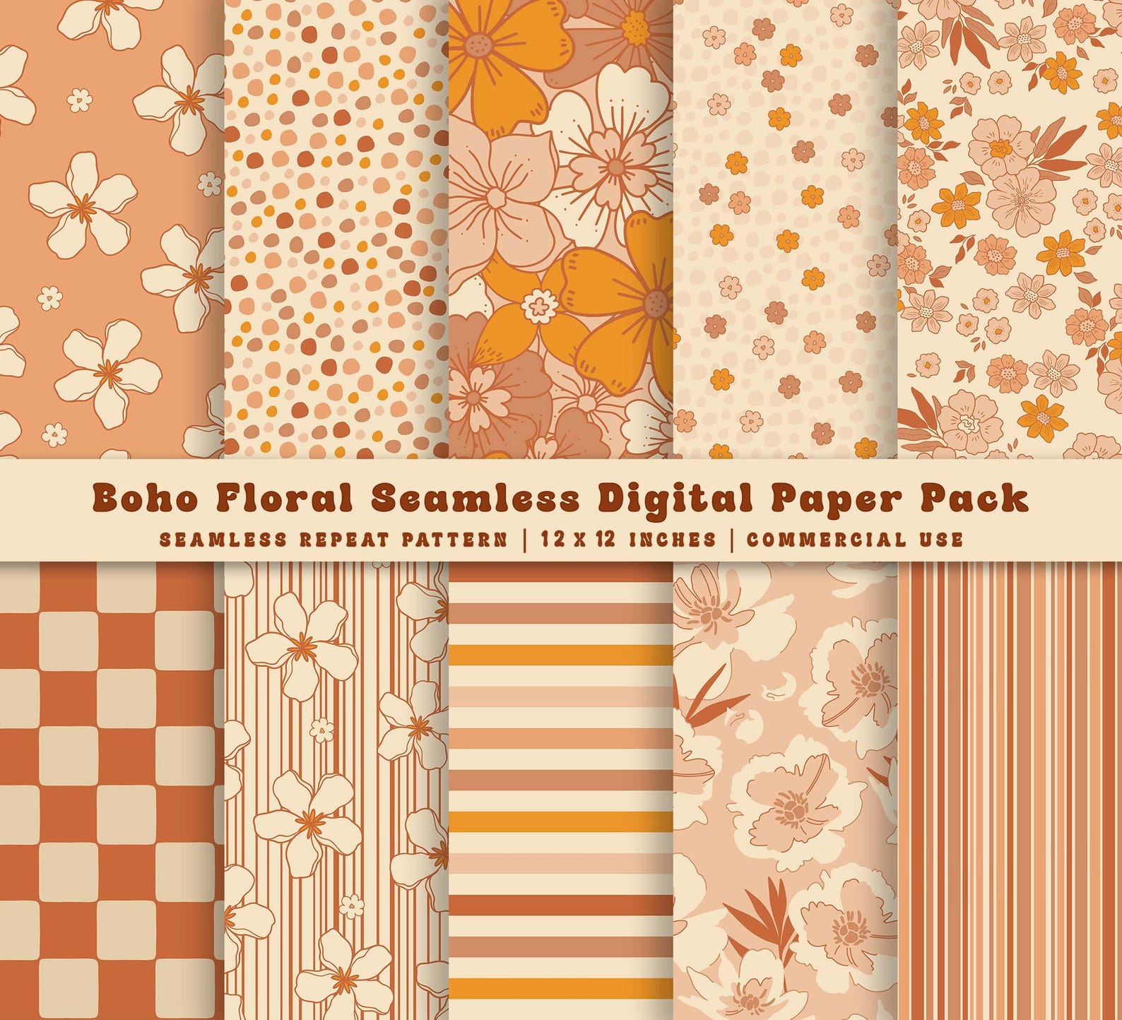 Retro Groovy Floral Digital Paper Pack, Seamless 70s Fabric Pattern (10 ...