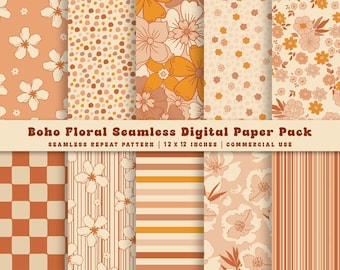 Retro Groovy Floral Digital Paper Pack, Seamless 70s Fabric Pattern (10 JPG)