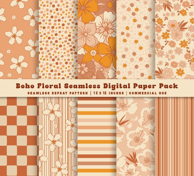Retro Groovy Floral Digital Paper Pack, Seamless 70s Fabric Pattern (10 ...