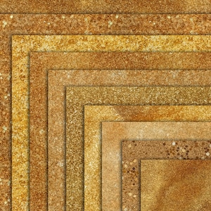 May include: A digital background image with a layered pattern of gold glitter. The image is made up of multiple squares of gold glitter, each with a slightly different shade of gold.