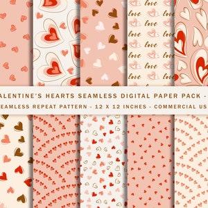 10 Valentine Hearts Seamless Digital Paper Pack, Scrapbook Paper, Heart Backgrounds, Commercial Use Digital Paper, Valentine Digital Paper