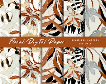 May include: Set of five seamless floral digital paper patterns. The patterns feature brown, white, and black floral designs on a white background. The text "Floral Digital Paper" and "Seamless Pattern Set of 5" is included in the image.