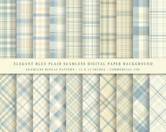 May include: Set of 12 digital paper backgrounds featuring blue and cream plaid patterns. The patterns are seamless and repeat. Each pattern is 12 inches by 12 inches.