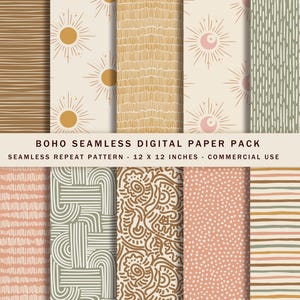 May include: A digital paper pack with a boho theme, showcasing diverse seamless patterns. These include sun and moon motifs, linear textures, and dotted and striped designs. The colour scheme incorporates browns, beige, and pink. The text reads: BOHO SEAMLESS DIGITAL PAPER PACK.