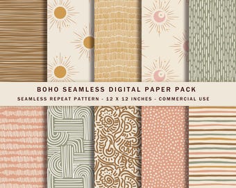 Boho sömlöst digitalt papperspaket | Neutrala boho mönsterpaket | 12x12 JPG scrapbookpapper | Abstrakta bakgrunder | Kommersiellt bruk - 10
