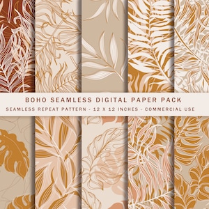 May include: A set of 8 digital papers featuring a boho style with white and gold leaf patterns on a beige background. The papers are 12 x 12 inches and are perfect for crafting, scrapbooking, and other creative projects.
