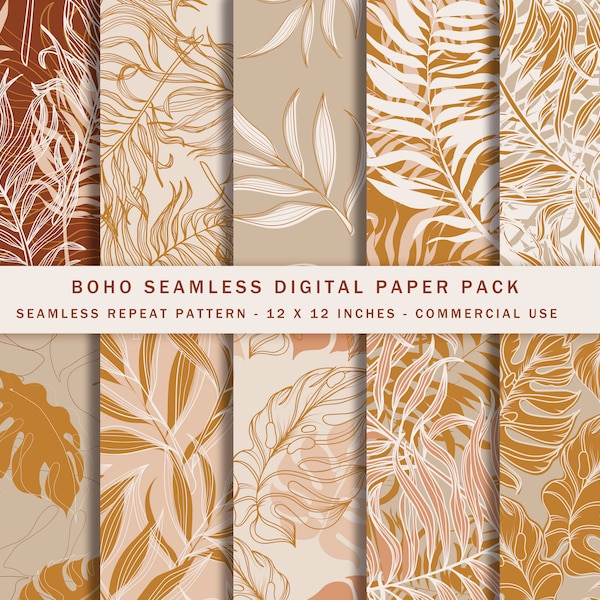 10 Boho Digital Paper Pack, seamless pattern for fabric,  Boho Scrapbook Paper, Boho Backgrounds, Bohemian Commercial Use Digital Download