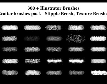 May include: A collection of 300+ Illustrator brushes for creating stipple and texture effects. The brushes are shown as black and white strokes on a black background.