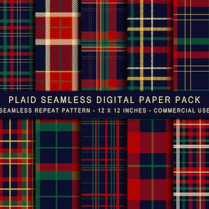 Pacchetto di carta digitale a quadri rossi, verdi e blu, file senza soluzione di continuità, carta per album di ritagli natalizi, sfondi tartan, uso commerciale, quadri stampabili