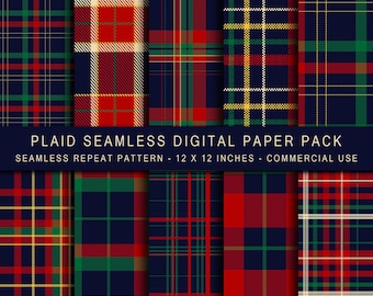 Plaid Seamless Digital Paper Pack, Tartan Pattern Bundle, Christmas Scrapbook Paper, Buffalo Checkered Backgrounds - 10