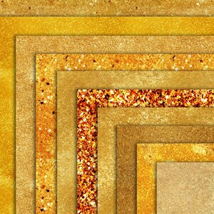 May include: A digital paper pack with 10 different gold glitter textures. The textures are arranged in a layered, geometric pattern.