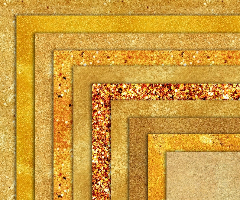 May include: A digital paper pack with 10 different gold glitter textures. The textures are arranged in a layered, geometric pattern.