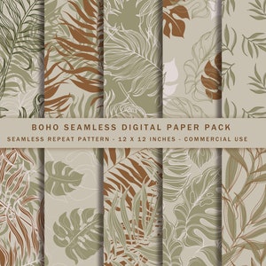 10 Seamless Boho digital paper Pack, Summer Boho Digital  download, Boho Print, Boho decor print, Boho Exotic Palm Tropical Leaves.