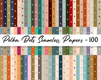 May include: A set of 100 digital seamless polka dot patterns in various colors. The patterns are arranged in rows and columns, with each pattern featuring a different color combination and dot size.