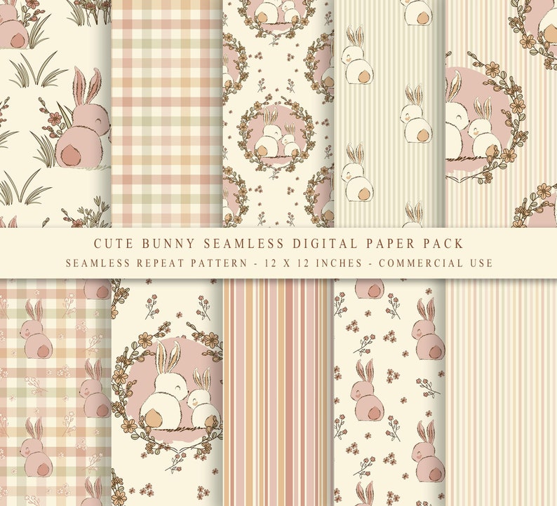 Easter Bunny Seamless Pattern Digital Paper: Boho Backgrounds (10 JPG ...