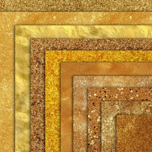 May include: A digital paper pack with 10 different gold glitter textures. The textures are arranged in a diagonal pattern, with each texture having a slightly different shade of gold.