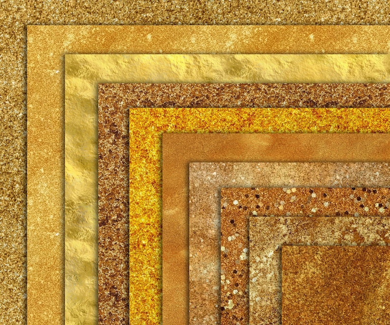 May include: A digital paper pack with 10 different gold glitter textures. The textures are arranged in a diagonal pattern, with each texture having a slightly different shade of gold.