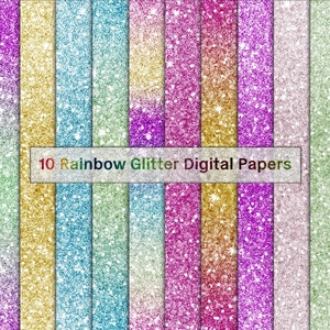 Puede incluir: Diez papeles digitales con texturas de purpurina arcoíris. Los papeles están dispuestos en una fila vertical, con cada papel con un color de purpurina diferente. Los colores incluyen morado, rosa, rojo, naranja, amarillo, verde, azul y blanco.