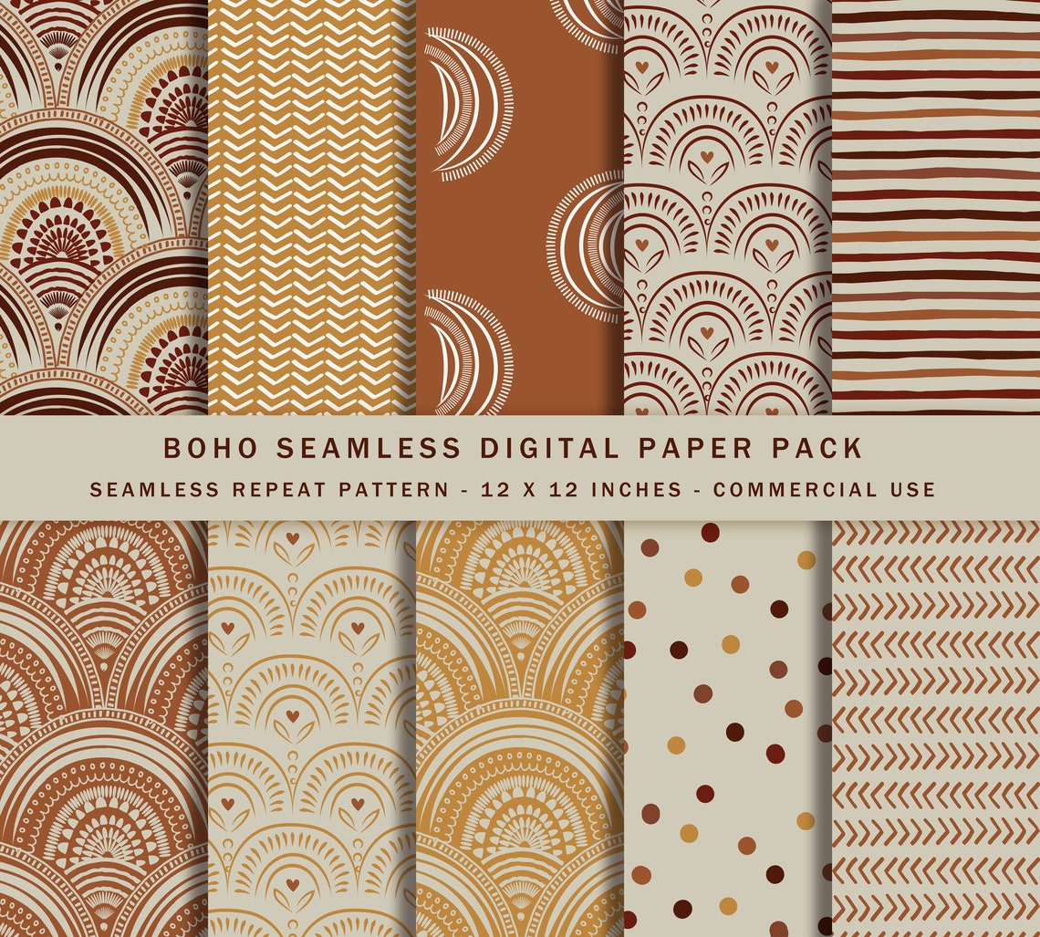 Boho Seamless Digital Paper Pack: Earth Tones, Scrapbook Prints (12x12 ...