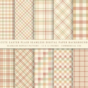 May include: Set of 8 digital paper backgrounds featuring pastel plaid patterns in shades of pink, green, and beige. Each pattern is 12 inches by 12 inches and can be used for commercial purposes.