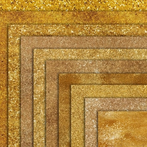 May include: A digital paper pack with 10 different gold glitter textures. The textures are arranged in a square pattern with a gradient of gold shades.