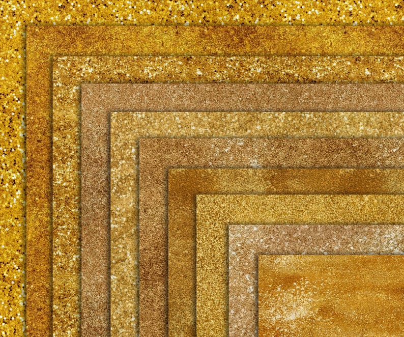 May include: A digital paper pack with 10 different gold glitter textures. The textures are arranged in a square pattern with a gradient of gold shades.