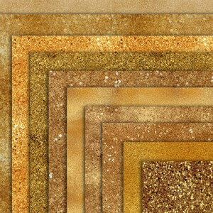 May include: A set of 10 digital paper backgrounds featuring a gold glitter texture. The papers are arranged in a layered pattern, with each layer having a slightly different shade of gold.