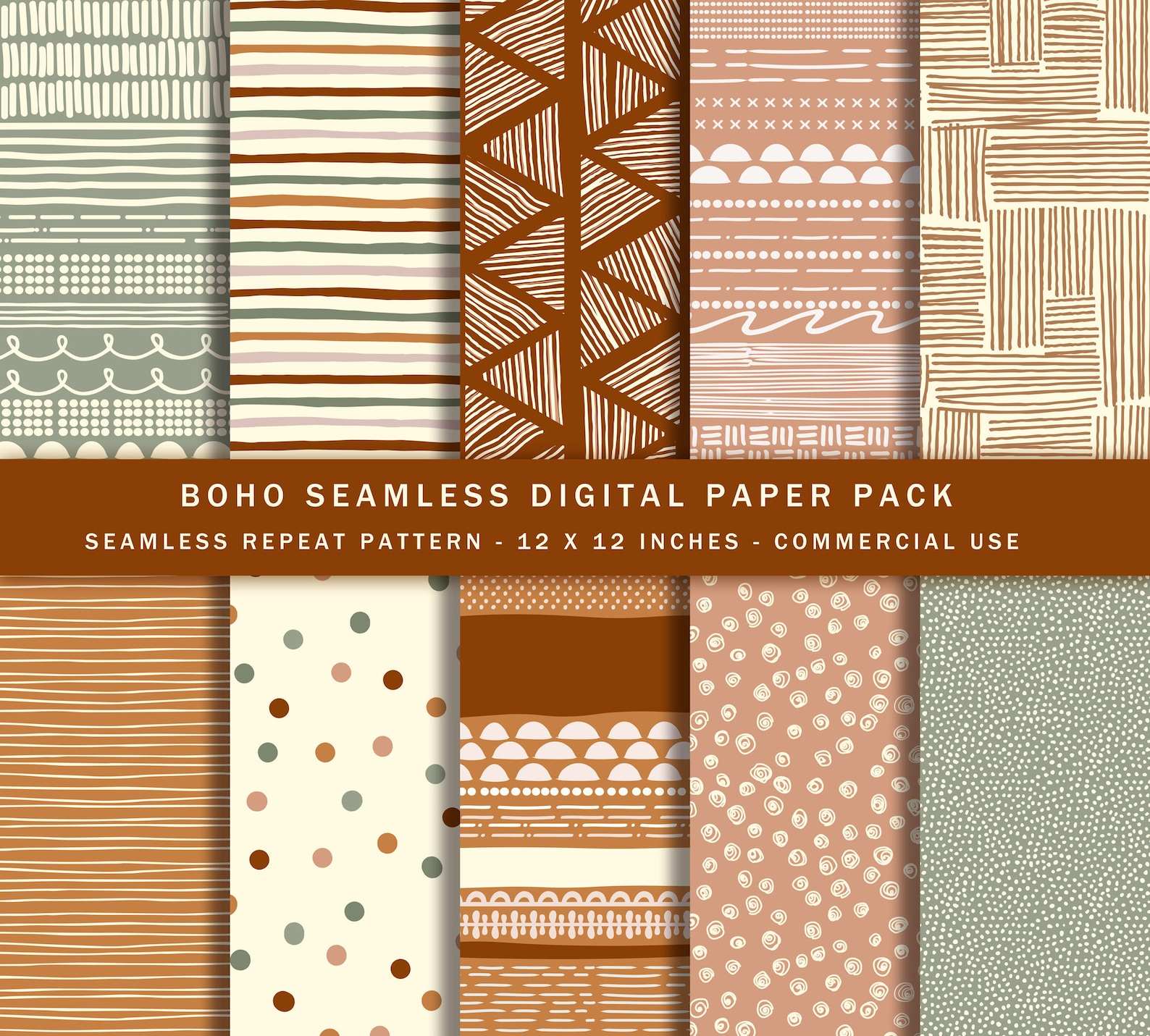 Boho Doodle Digital Paper Pack: Scandi Seamless Patterns (digital ...