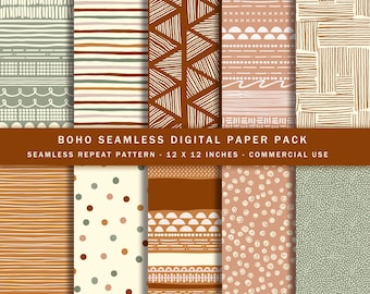 Op de afbeelding: Een set van 12 digitale papieren met boho-patronen in bruin, beige en groen. De patronen omvatten strepen, stippen, geometrische vormen en abstracte ontwerpen. De papieren zijn 30,5 cm bij 30,5 cm en kunnen voor commerciële doeleinden worden gebruikt.