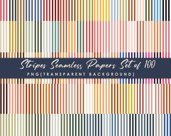 May include: A collection of 100 seamless striped papers in various colors, including red, blue, green, and yellow. The image features vertical stripes with a transparent background. Text on the image reads "Stripes Seamless Papers Set of 100 PNG (Transparent Background)".