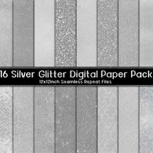 Luxury Silver Glitter Digital Paper Pack, Background Texture, silver shimmer sparkle luxury background, Seamless metallic silver printable