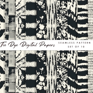 May include: Set of 10 black and white tie dye digital papers. The patterns are seamless and include stripes, dots, and abstract designs.