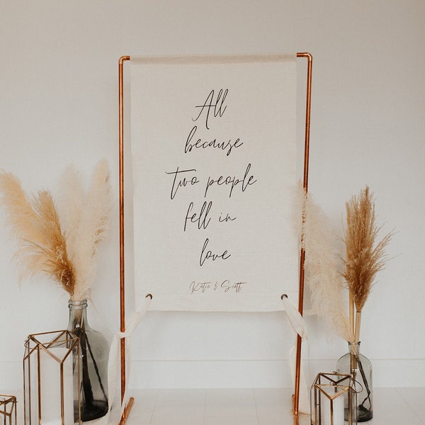 all because two people fell in love, linen wedding sign, copper wedding sign, custom wedding sign, handmade wedding sign
